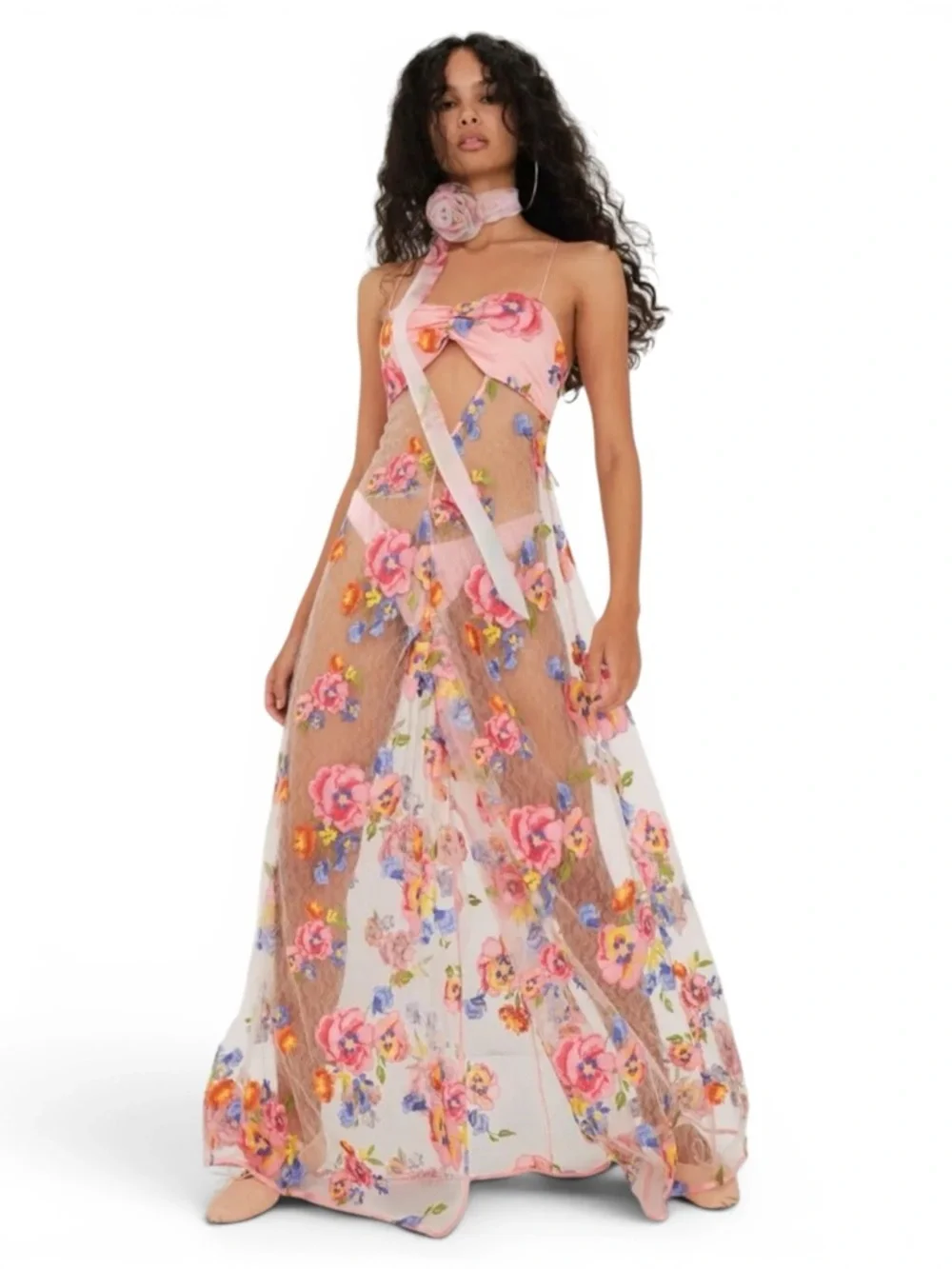 For Love & Lemons Pink Floral Maxi Dress with Multicolor Embroidery